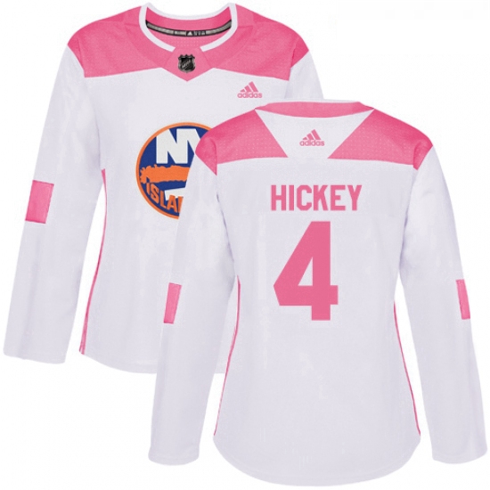 Womens Adidas New York Islanders 4 Thomas Hickey Authentic White Pink Fashion NHL Jersey