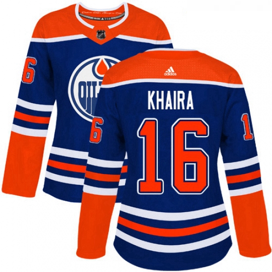 Womens Adidas Edmonton Oilers 16 Jujhar Khaira Authentic Royal Blue Alternate NHL Jersey