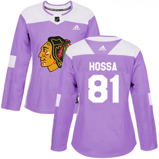 Womens Adidas Chicago Blackhawks 81 Marian Hossa Authentic Purple Fights Cancer Practice NHL Jersey