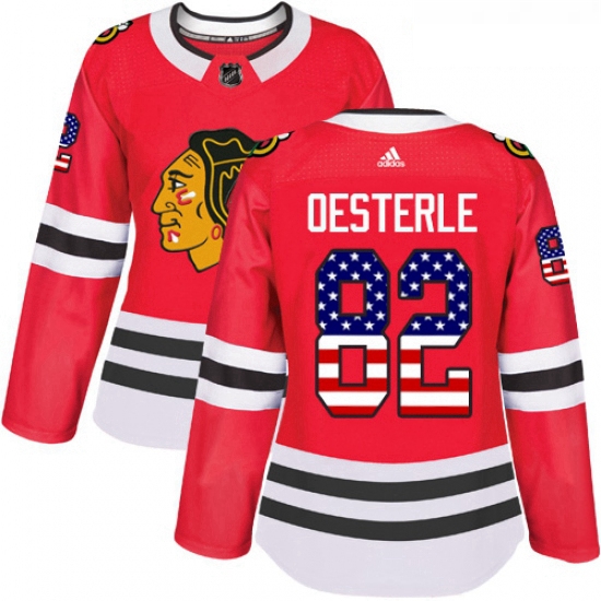 Womens Adidas Chicago Blackhawks 82 Jordan Oesterle Authentic Red USA Flag Fashion NHL Jersey