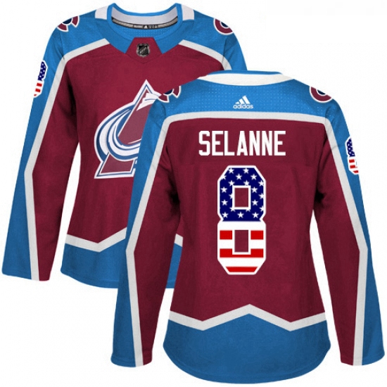 Womens Adidas Colorado Avalanche 8 Teemu Selanne Authentic Burgundy Red USA Flag Fashion NHL Jersey