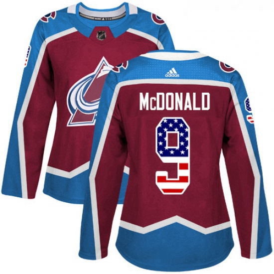 Womens Adidas Colorado Avalanche 9 Lanny McDonald Authentic Burgundy Red USA Flag Fashion NHL Jersey