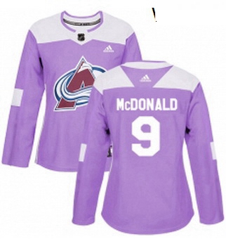 Womens Adidas Colorado Avalanche 9 Lanny McDonald Authentic Purple Fights Cancer Practice NHL Jersey