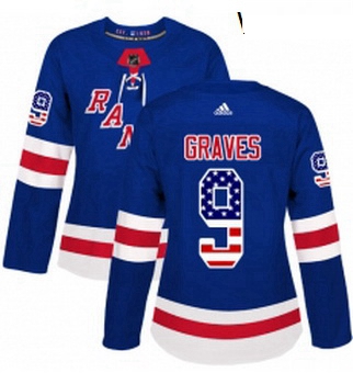 Womens Adidas New York Rangers 9 Adam Graves Authentic Royal Blue USA Flag Fashion NHL Jersey