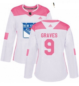 Womens Adidas New York Rangers 9 Adam Graves Authentic WhitePink Fashion NHL Jersey