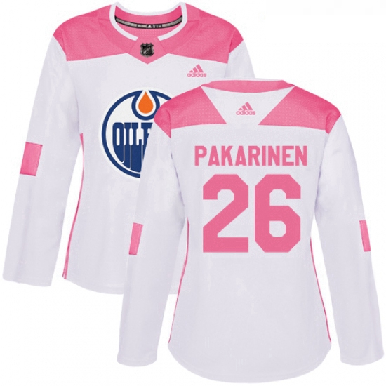 Womens Adidas Edmonton Oilers 26 Iiro Pakarinen Authentic WhitePink Fashion NHL Jersey