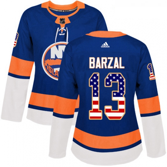 Womens Adidas New York Islanders 13 Mathew Barzal Authentic Royal Blue USA Flag Fashion NHL Jersey