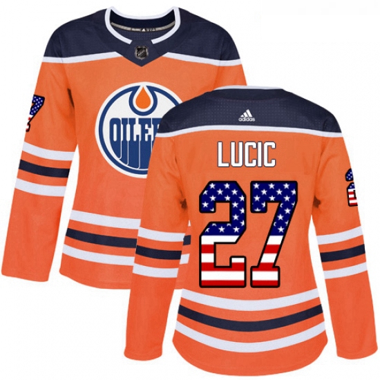 Womens Adidas Edmonton Oilers 27 Milan Lucic Authentic Orange USA Flag Fashion NHL Jersey