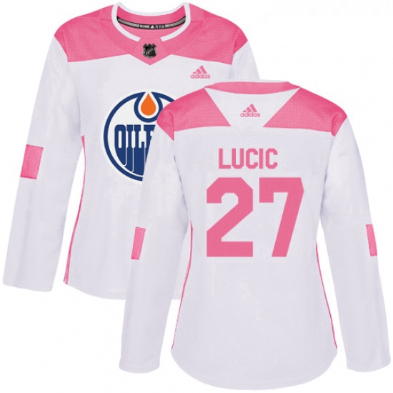 Womens Adidas Edmonton Oilers 27 Milan Lucic Authentic WhitePink