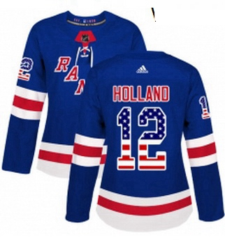 Womens Adidas New York Rangers 12 Peter Holland Authentic Royal Blue USA Flag Fashion NHL Jersey