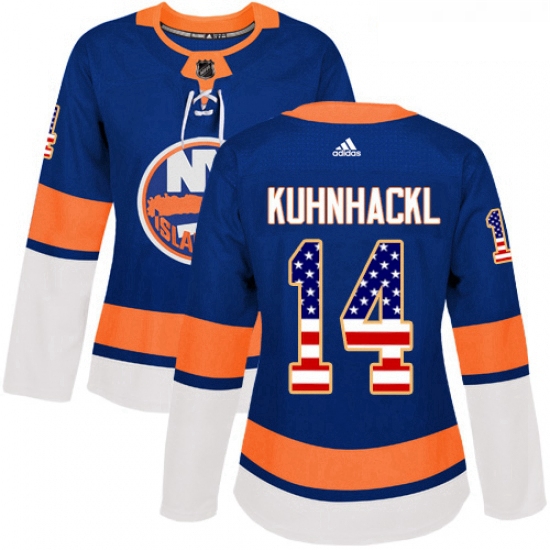 Womens Adidas New York Islanders 14 Tom Kuhnhackl Authentic Royal Blue USA Flag Fashion NHL Jersey