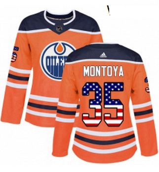 Womens Adidas Edmonton Oilers 35 Al Montoya Authentic Orange USA Flag Fashion NHL Jersey