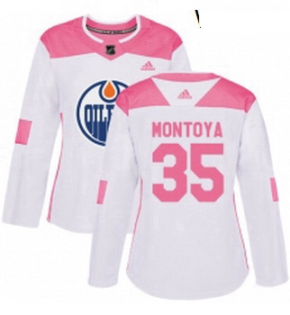 Womens Adidas Edmonton Oilers 35 Al Montoya Authentic White Pink Fashion NHL Jersey