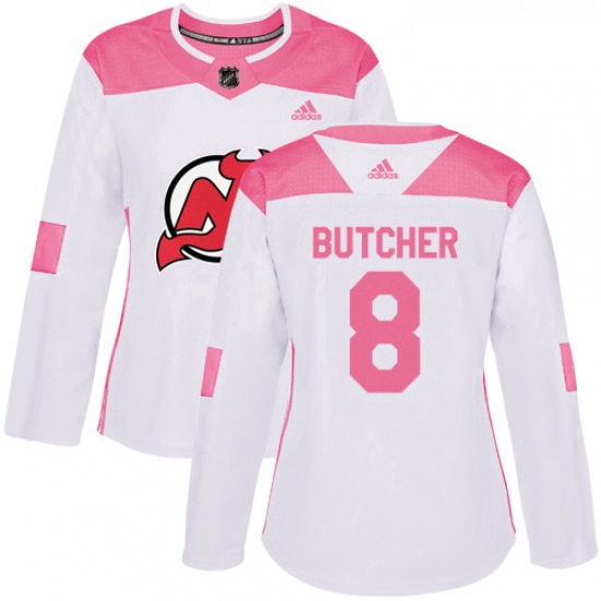 Womens Adidas New Jersey Devils 8 Will Butcher Authentic WhitePink Fashion NHL Jersey