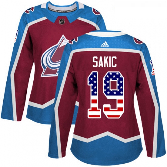 Womens Adidas Colorado Avalanche 19 Joe Sakic Authentic Burgundy Red USA Flag Fashion NHL Jersey