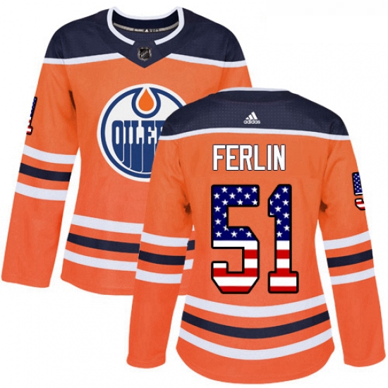 Womens Adidas Edmonton Oilers 51 Brian Ferlin Authentic Orange USA Flag Fashion NHL Jersey