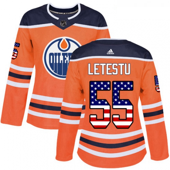 Womens Adidas Edmonton Oilers 55 Mark Letestu Authentic Orange USA Flag Fashion NHL Jersey