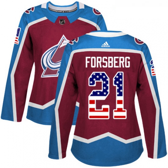 Womens Adidas Colorado Avalanche 21 Peter Forsberg Authentic Burgundy Red USA Flag Fashion NHL Jerse