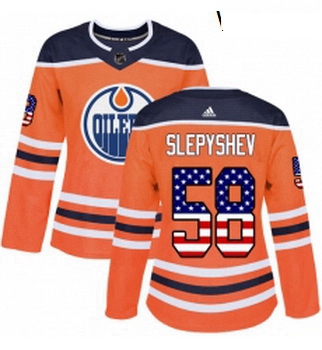 Womens Adidas Edmonton Oilers 58 Anton Slepyshev Authentic Orange USA Flag Fashion NHL Jersey