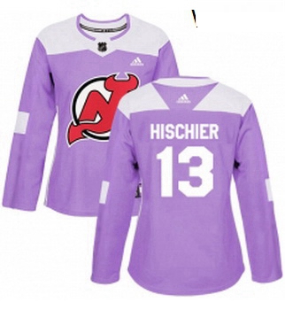 Womens Adidas New Jersey Devils 13 Nico Hischier Authentic Purple Fights Cancer Practice NHL Jersey