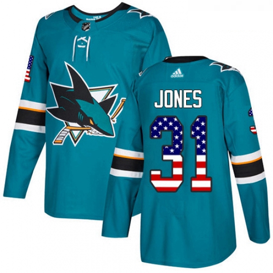 Youth Adidas San Jose Sharks 31 Martin Jones Authentic Teal Green USA Flag Fashion NHL Jersey