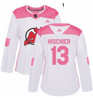 Womens Adidas New Jersey Devils 13 Nico Hischier Authentic WhitePink Fashion NHL Jersey