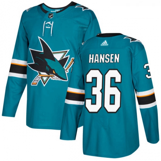 Youth Adidas San Jose Sharks 36 Jannik Hansen Premier Teal Green Home NHL Jersey