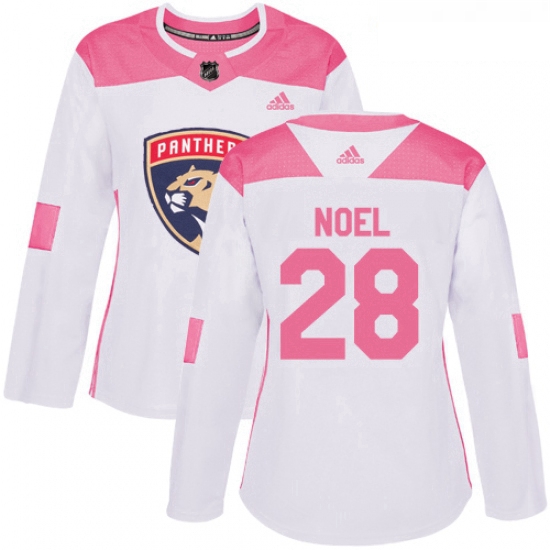 Womens Adidas Florida Panthers 28 Serron Noel Authentic White Pink Fashion NHL Jersey