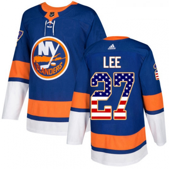 Youth Adidas New York Islanders 27 Anders Lee Authentic Royal Blue USA Flag Fashion NHL Jersey