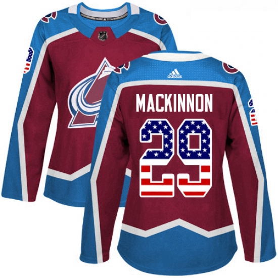 Womens Adidas Colorado Avalanche 29 Nathan MacKinnon Authentic Burgundy Red USA Flag Fashion NHL Jer