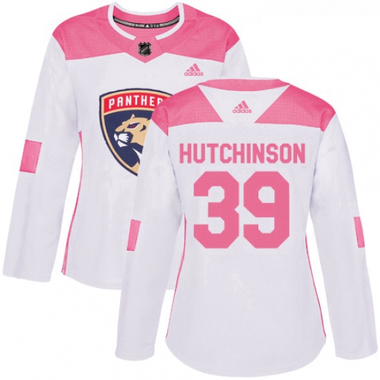 Womens Adidas Florida Panthers 39 Michael Hutchinson Authentic White Pink Fashion NHL Jersey