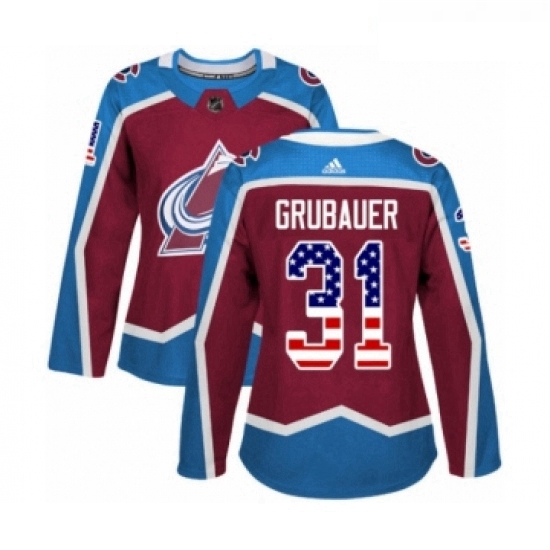 Womens Adidas Colorado Avalanche 31 Philipp Grubauer Authentic Burgundy Red USA Flag Fashion NHL Jer