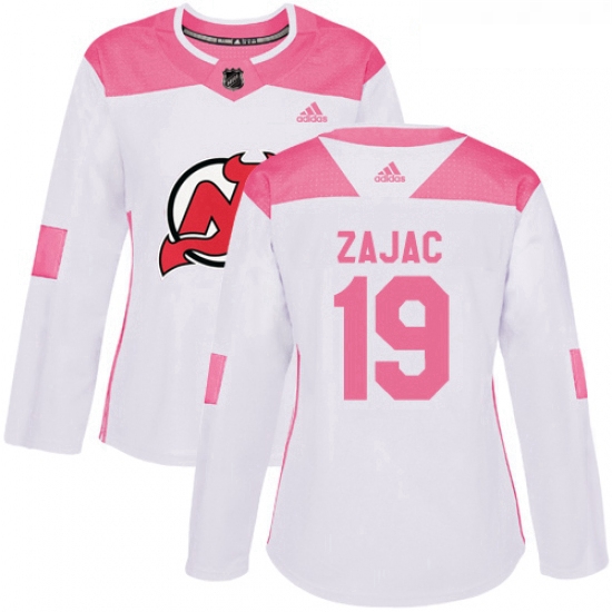 Womens Adidas New Jersey Devils 19 Travis Zajac Authentic WhitePink Fashion NHL Jersey