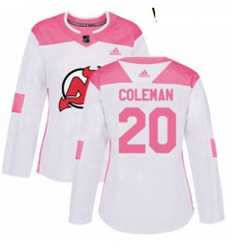 Womens Adidas New Jersey Devils 20 Blake Coleman Authentic White Pink Fashion NHL Jersey