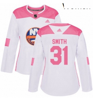 Womens Adidas New York Islanders 31 Billy Smith Authentic WhitePink Fashion NHL Jersey