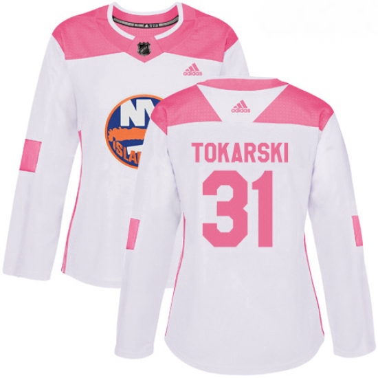 Womens Adidas New York Islanders 31 Dustin Tokarski Authentic White Pink Fashion NHL Jersey