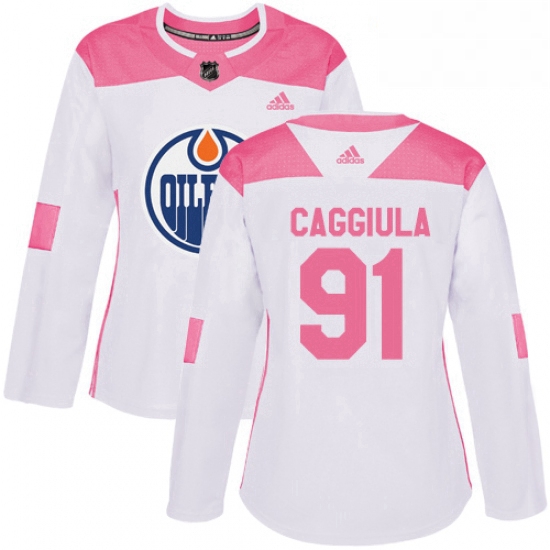 Womens Adidas Edmonton Oilers 91 Drake Caggiula Authentic WhitePink Fashion NHL Jersey