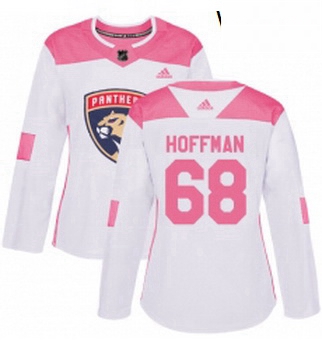 Womens Adidas Florida Panthers 68 Mike Hoffman Authentic White Pink Fashion NHL Jersey