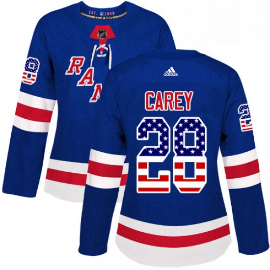 Womens Adidas New York Rangers 28 Paul Carey Authentic Royal Blue USA Flag Fashion NHL Jersey