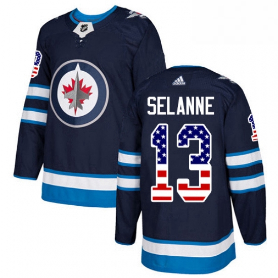 Youth Adidas Winnipeg Jets 13 Teemu Selanne Authentic Navy Blue USA Flag Fashion NHL Jersey