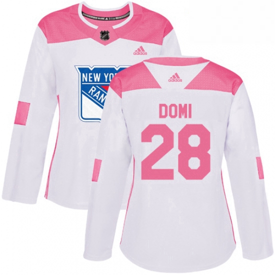 Womens Adidas New York Rangers 28 Tie Domi Authentic WhitePink Fashion NHL Jersey