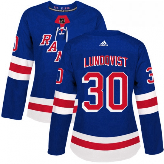 Womens Adidas New York Rangers 30 Henrik Lundqvist Authentic Royal Blue Home NHL Jersey