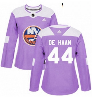 Womens Adidas New York Islanders 44 Calvin de Haan Authentic Purple Fights Cancer Practice NHL Jerse