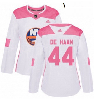 Womens Adidas New York Islanders 44 Calvin de Haan Authentic WhitePink Fashion NHL Jersey