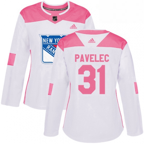 Womens Adidas New York Rangers 31 Ondrej Pavelec Authentic WhitePink Fashion NHL Jersey