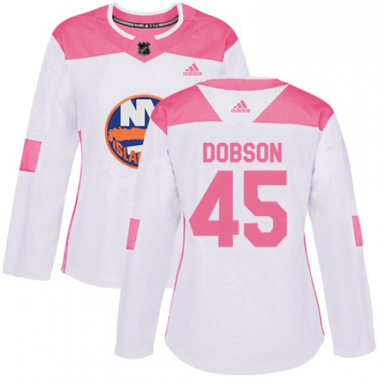 Womens Adidas New York Islanders 45 Noah Dobson Authentic White Pink Fashion NHL Jersey