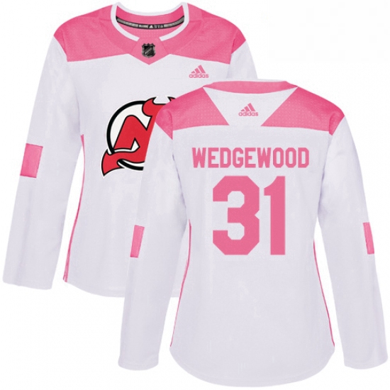 Womens Adidas New Jersey Devils 31 Scott Wedgewood Authentic WhitePink Fashion NHL Jersey