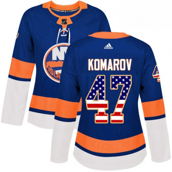 Womens Adidas New York Islanders 47 Leo Komarov Authentic Royal Blue USA Flag Fashion NHL Jersey