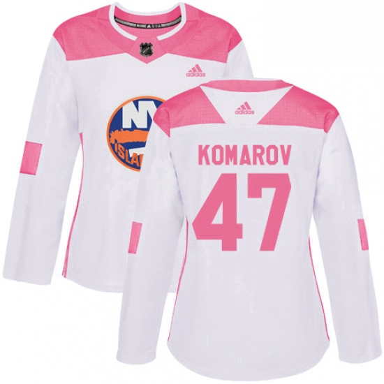 Womens Adidas New York Islanders 47 Leo Komarov Authentic White Pink Fashion NHL Jersey