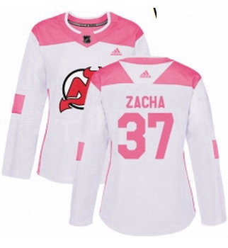 Womens Adidas New Jersey Devils 37 Pavel Zacha Authentic WhitePink Fashion NHL Jersey